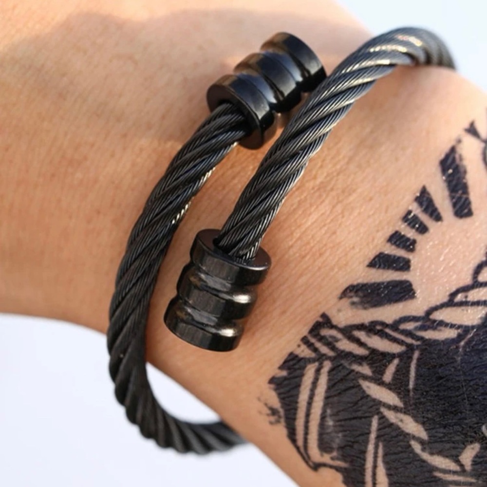 ✯ Black Stainless Steel Men’s Adjustable Rope Twist Cuff Bracelet